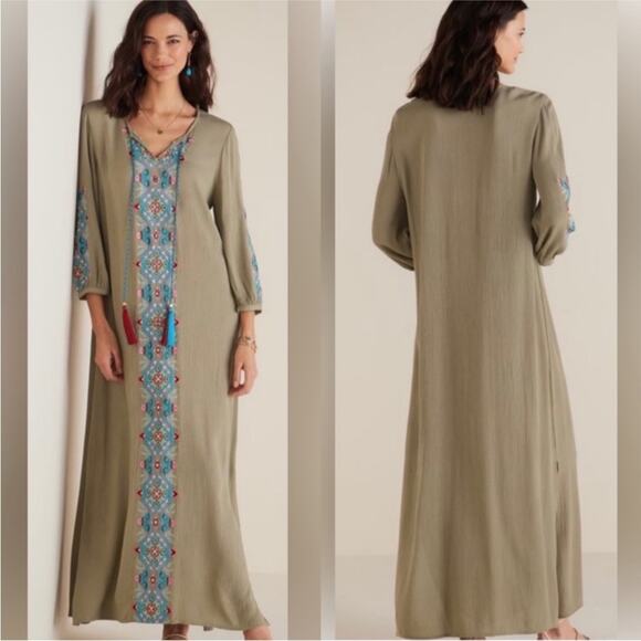NEW Soft Surroundings PM 10-12 Sicily Guaze Boho Embroidered Maxi Dress in Olive - Picture 1 of 10